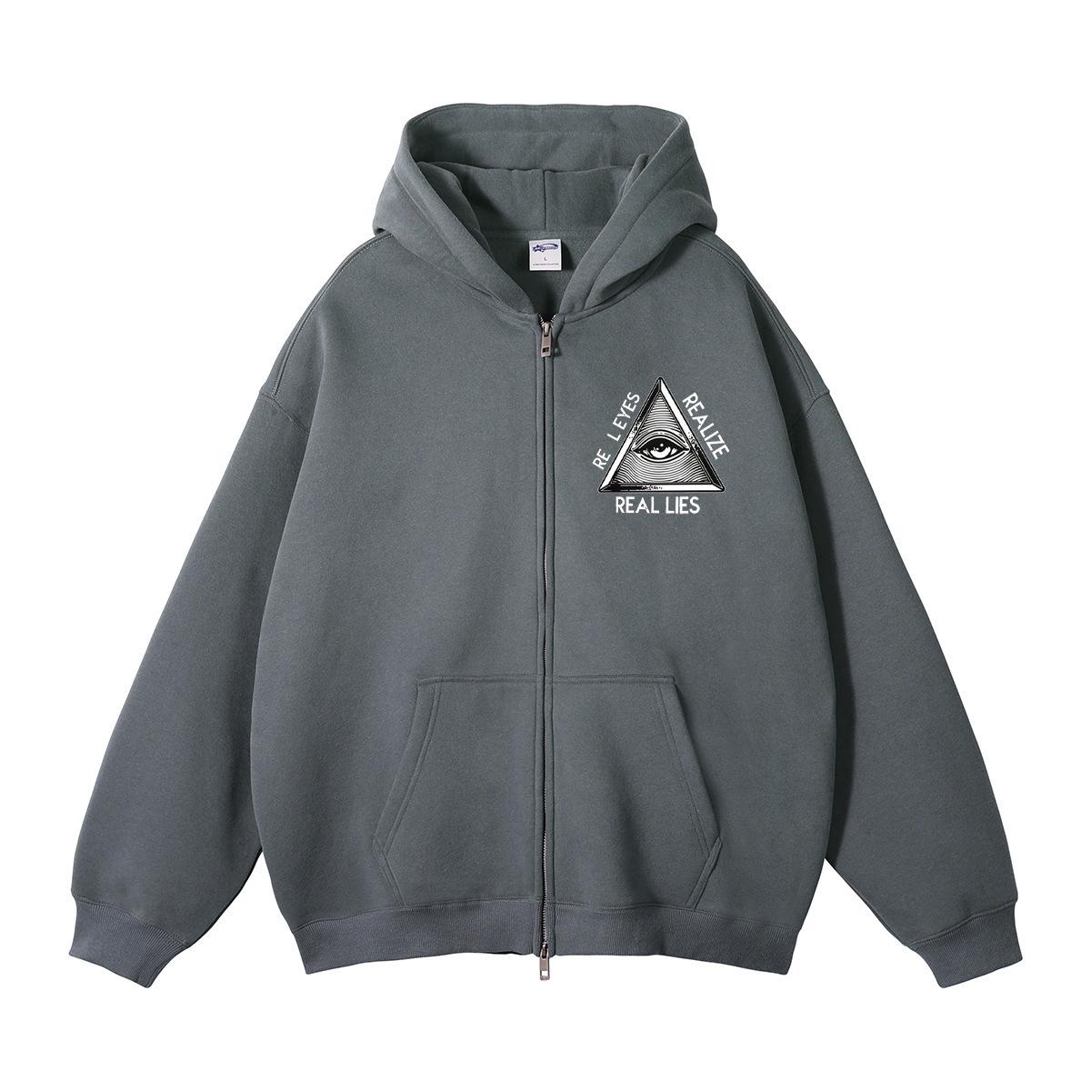 Black Triangle Eye Print Fleece-Lined Zipper Hoodie S