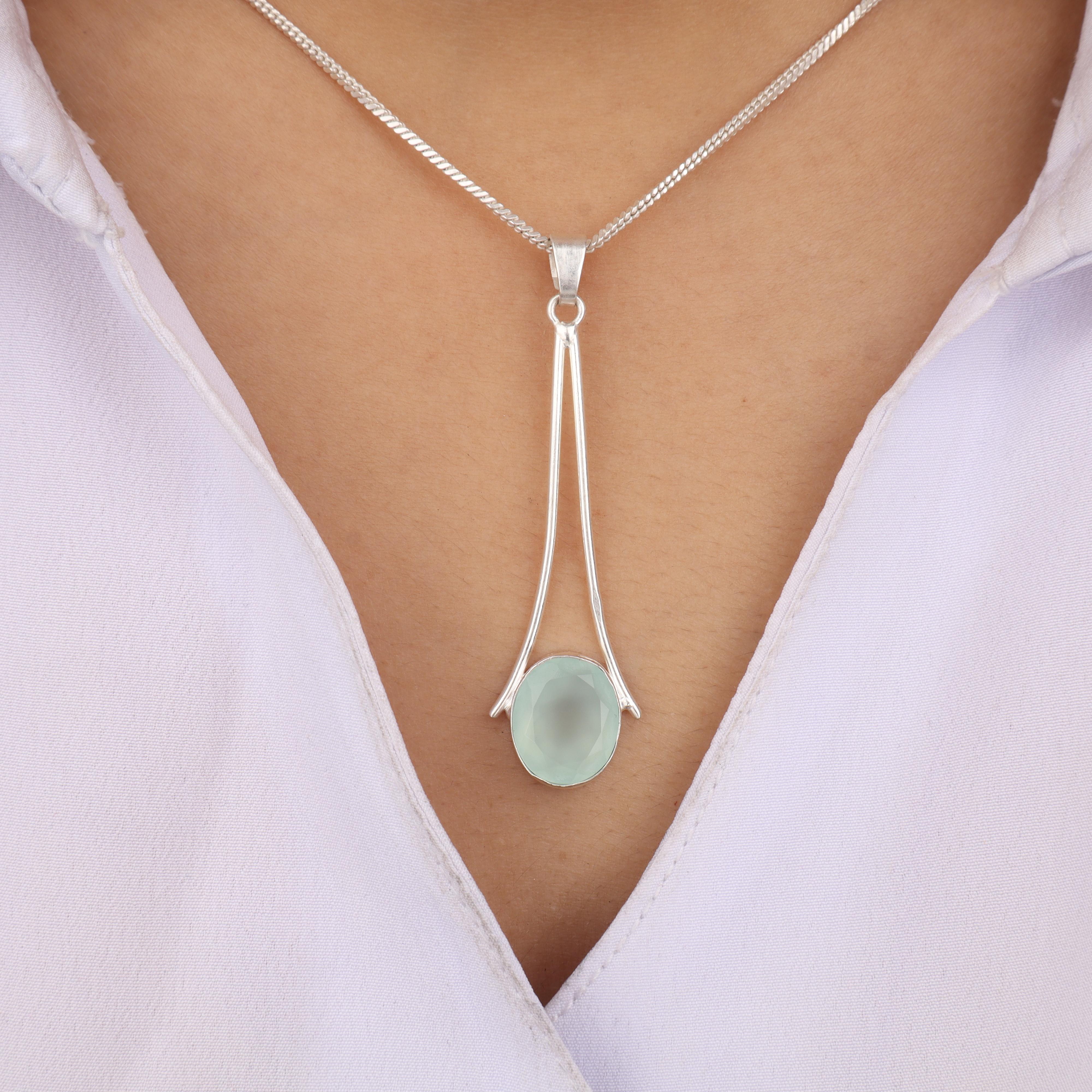 

Aqua Chalcedony Gemstone 925 Sterling Silver Jewelry Handmade Elegant Pendant 1.79 For Anniversary Gift PP-69-17