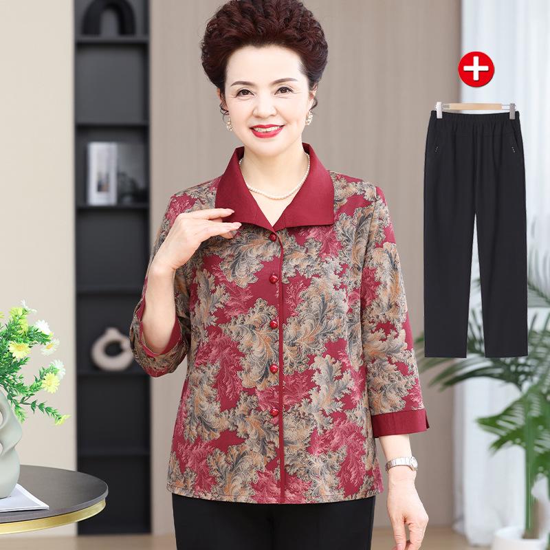 Grandma's Autumn 2025 Fashion: Long-Sleeve Shirt & Three-Quarter Sleeve Set for Middle-Aged and Elderly Women. 