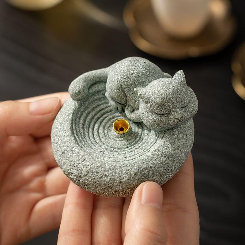 Blue Sandstone Cat Incense Insert Tea Pet Incense Seat Living Room Indoor Line Incense Sandalwood Tea Ceremony Desktop Ornament