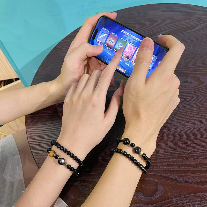 Natural obsidian double-loop bracelet with a traditional Chinese style, versatile for layering, paired with tiger eye stone, a gift for lovers on