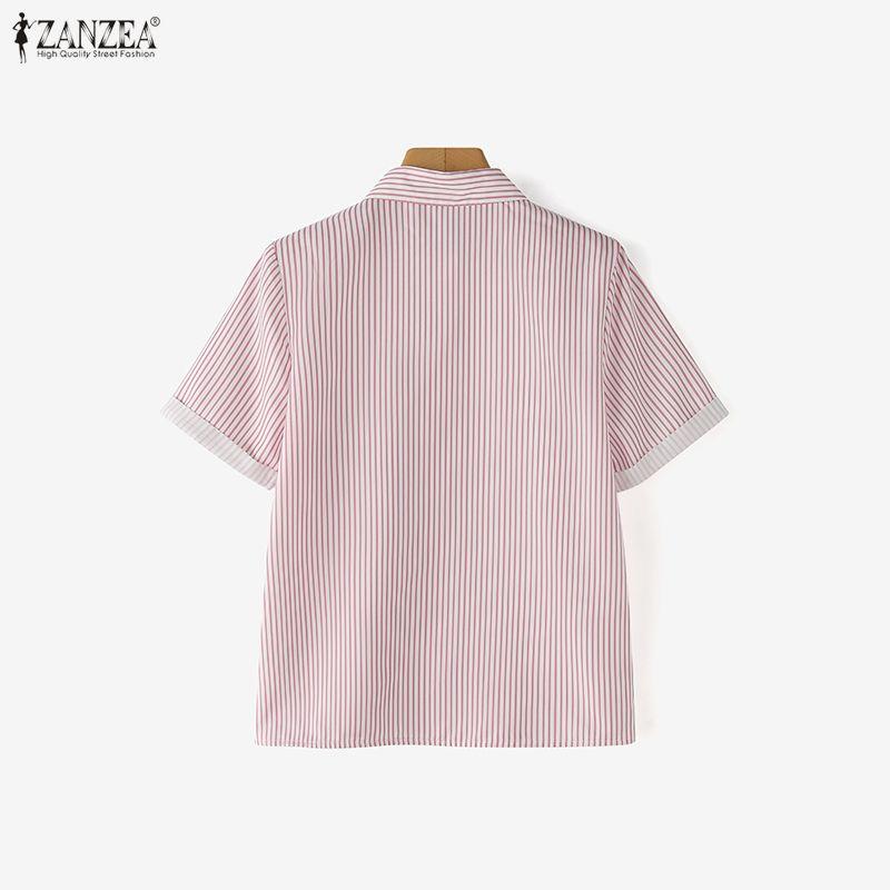 ZANZEA Women Casual Turn Down Collar Short Sleeve Stripe Blouse