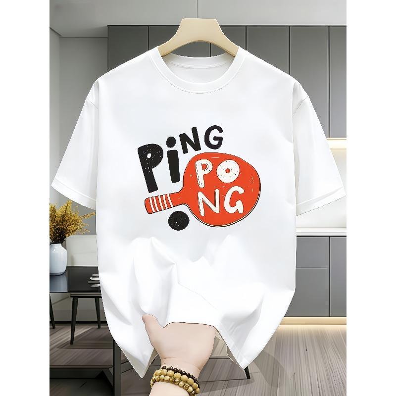 European Sizes Men' Ping Pong Paddle Print T-Shirt - Sporty Short Sleeve Round Neck Top with Pong Graphic