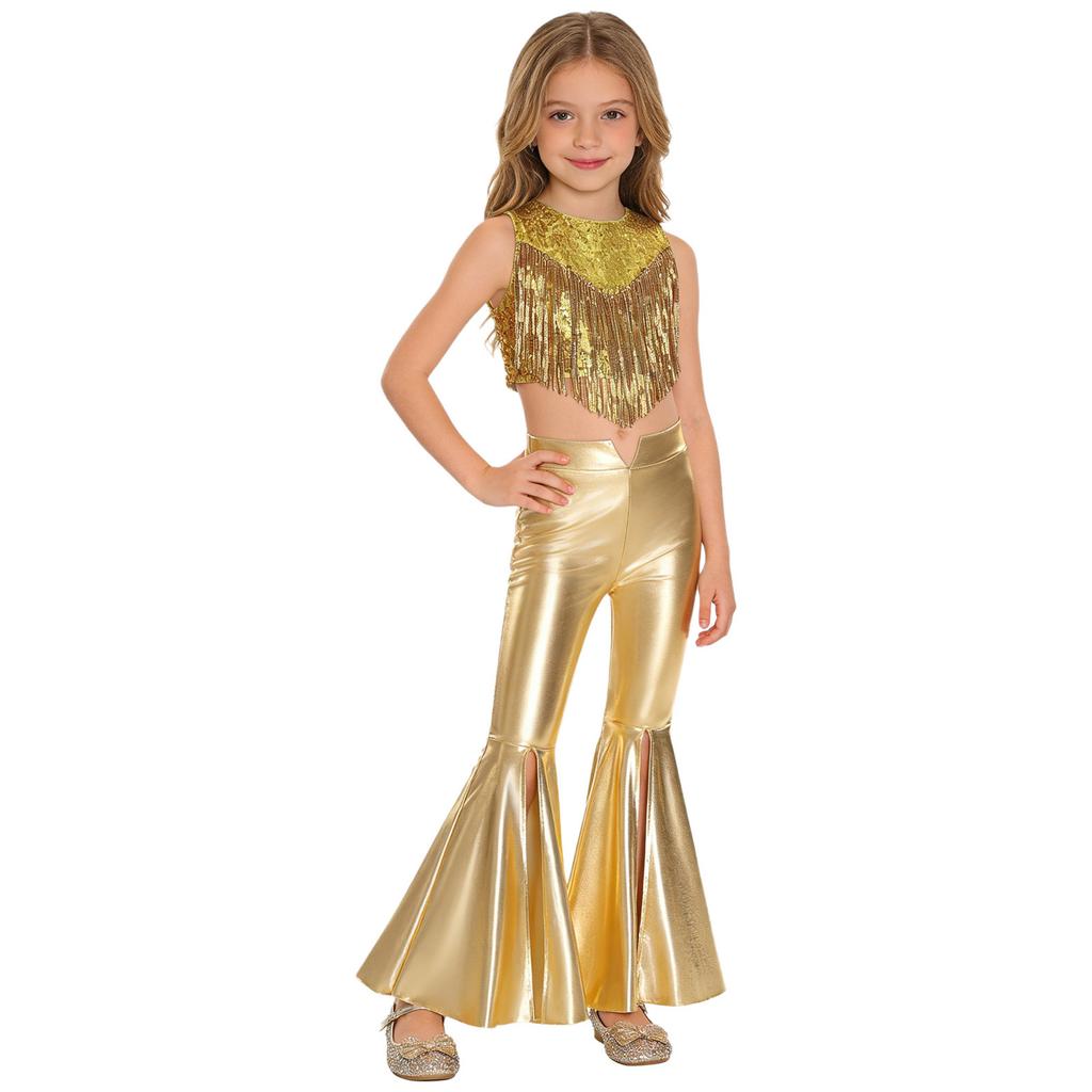 Girls 70s Disco Costume 2 Piece Set Metallic Gloss Sequins Sleeveless Top Split Bell Bottom Pants