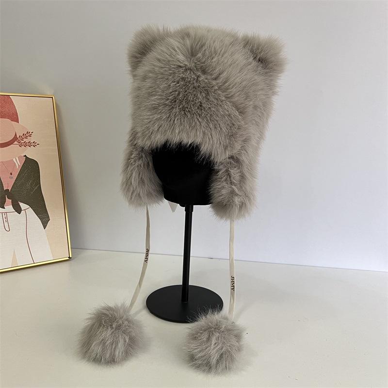 Cute bear-eared Lei Feng hat children's winter warm imitation mink hair ear protection hat cute tail tether hairball plush hat