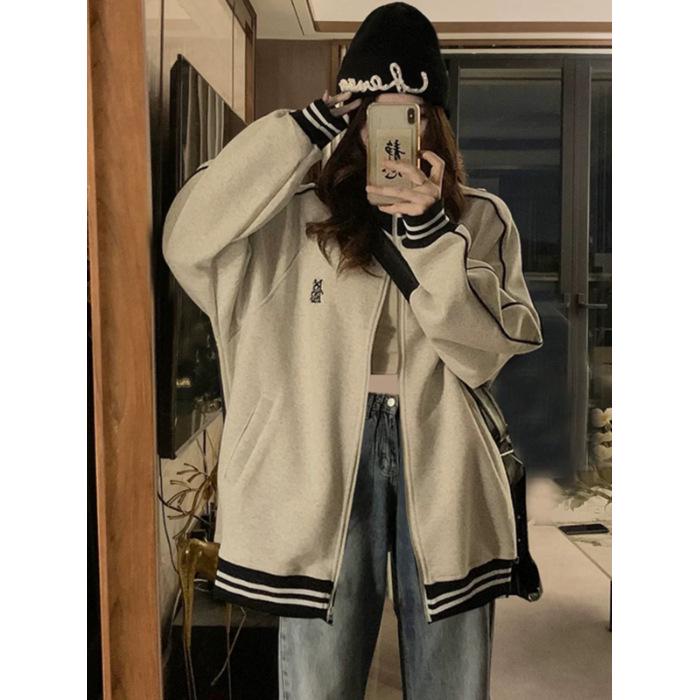 Women's Spring/Autumn Baseball-Style Stand-up Collar Jacket - Casual, Loose College Style Cardigan for Couples.