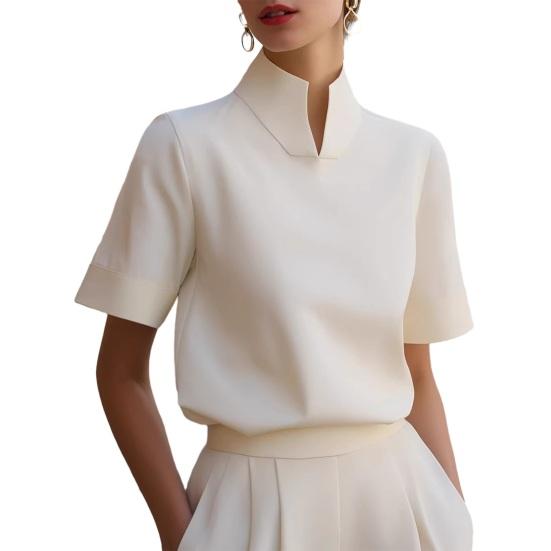 

Women Shirt V-neck Stand Collar Loose Fit Pullover Tops Pure Color Soft Stretchy Breathable Blouse Daily Wear S абрикосовый