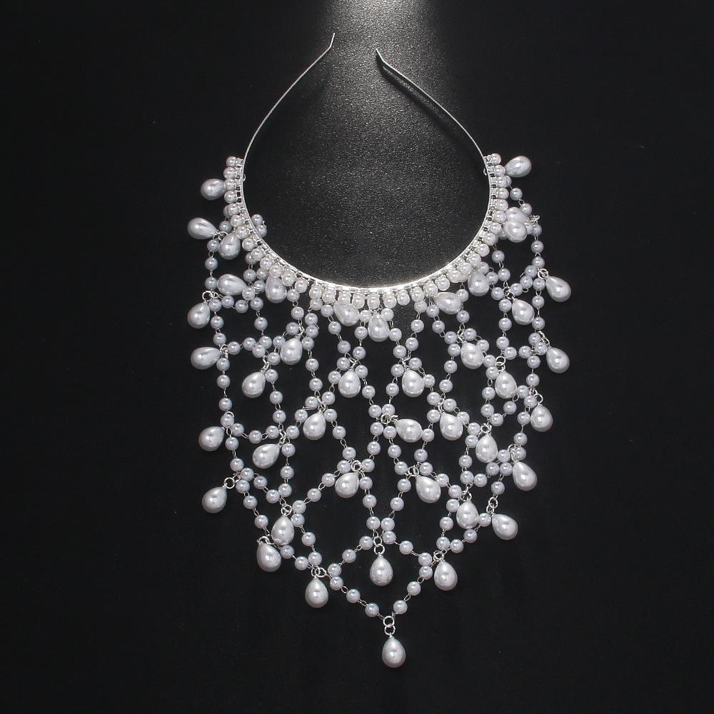 Bohemian Grid Hollowed Pendant Headdress Costume Women Carnival Headband 1920s Pearl Hair Fashion Vintage Headwear Accessories