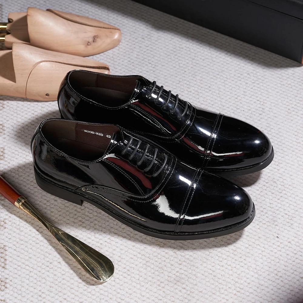 Fashion Luxury Mens Oxfords Genuine Patent Leather Solid Cap Toe Wedding Party Dress Shoes for Men Lace-Up Career Office Formal Footwear