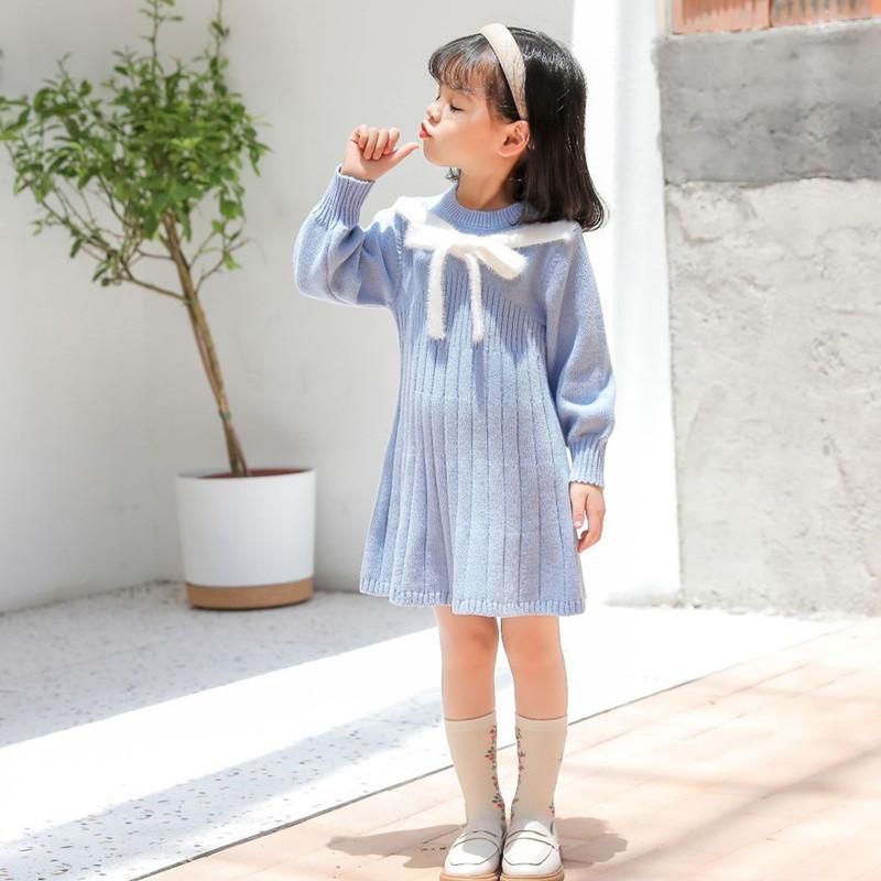 

Платье для девочки Вязаное платье-свитер Весенне-осенний свитер Длинная юбка Детские милые платья принцессы 130cm синий