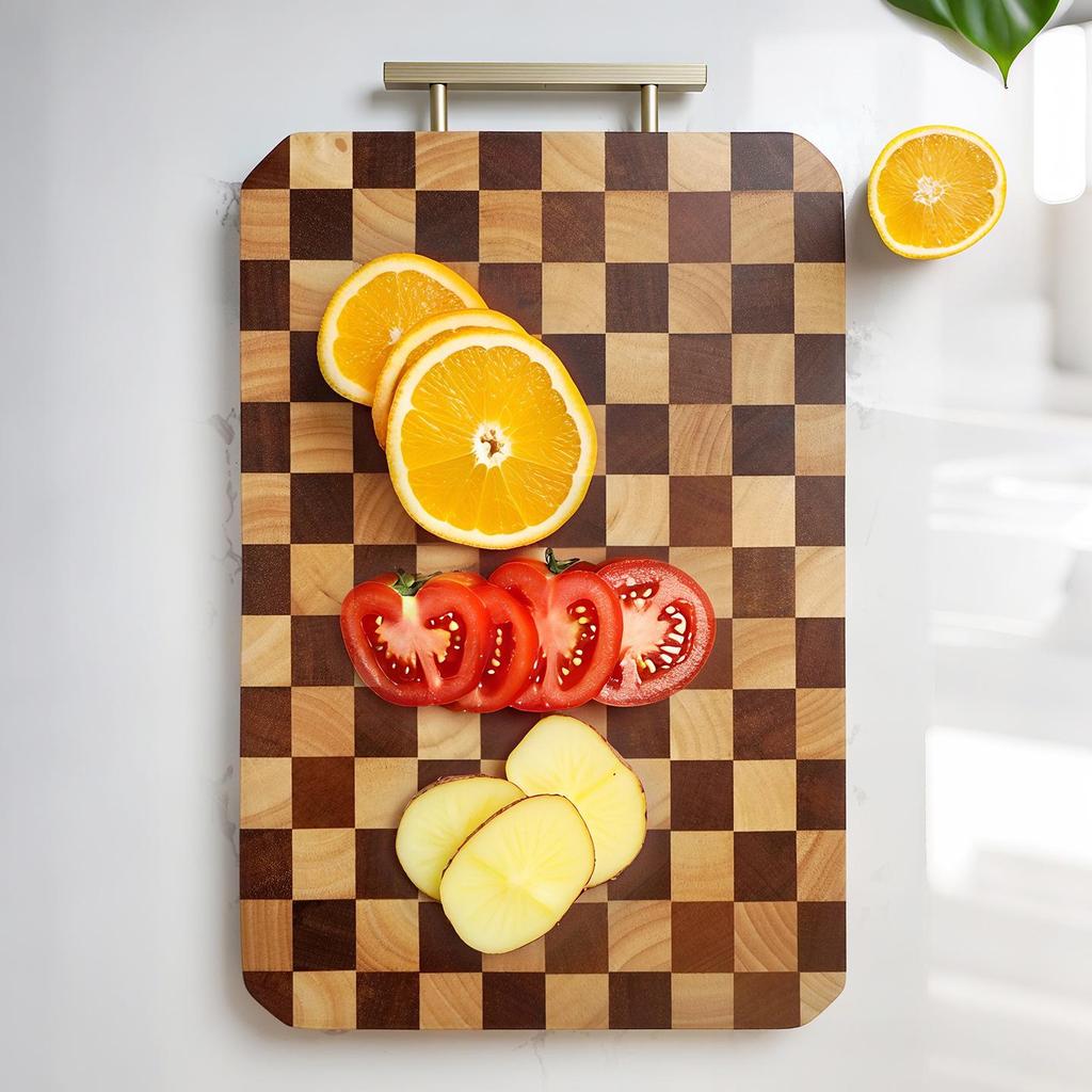 Thickened Rubber Wood Checkerboard Cutting Board with Stainless Steel Handle