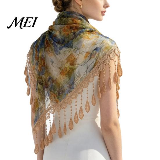 Elegant Tassel Fringe Wrap Women Triangular Shawl Scarf with Tassel, Hollow Lace Retro Oil Outdoor Photography Prop Painting Print, Breathable Fashion
