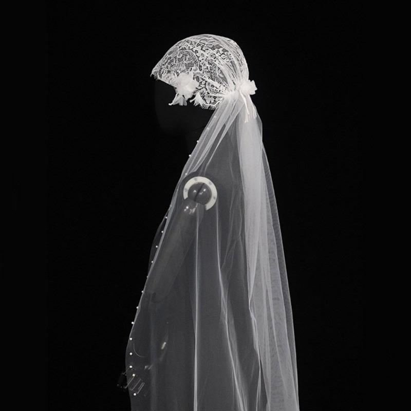 Pearl Beaded Bride Long Veil with Flower Applique Veil Photography Sheer Tulles