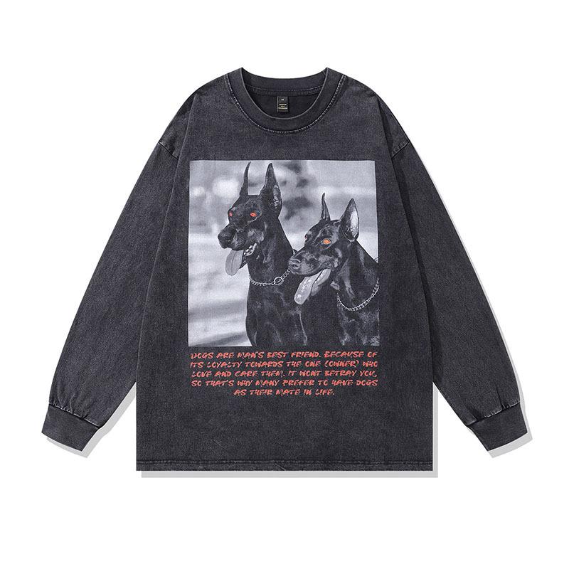 Trendy Brand American High Street Retro Doberman Direct Injection Printing Washed Long-Sleeved T-Shirt Men'S Loose Vintage Top