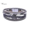 Women Cuff Bangle Four Layers Faux Crystal Rhinestone Retro Fake Leather Magnetic Clasp Girls Wrap Bracelet Fashion Jewelry Gift