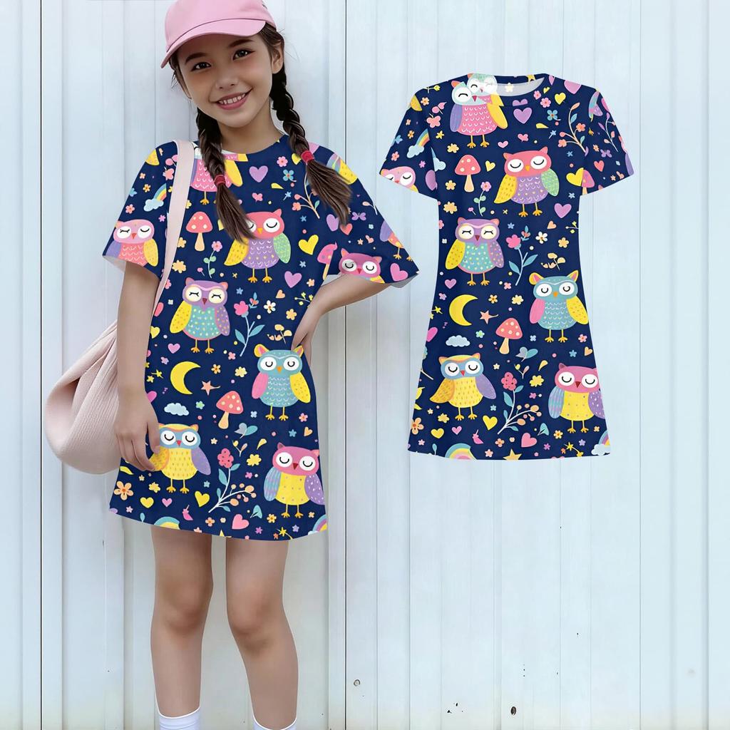 Girls Print Casual Dress Kids Loose Round Neck Short Sleeve Thin Sundress