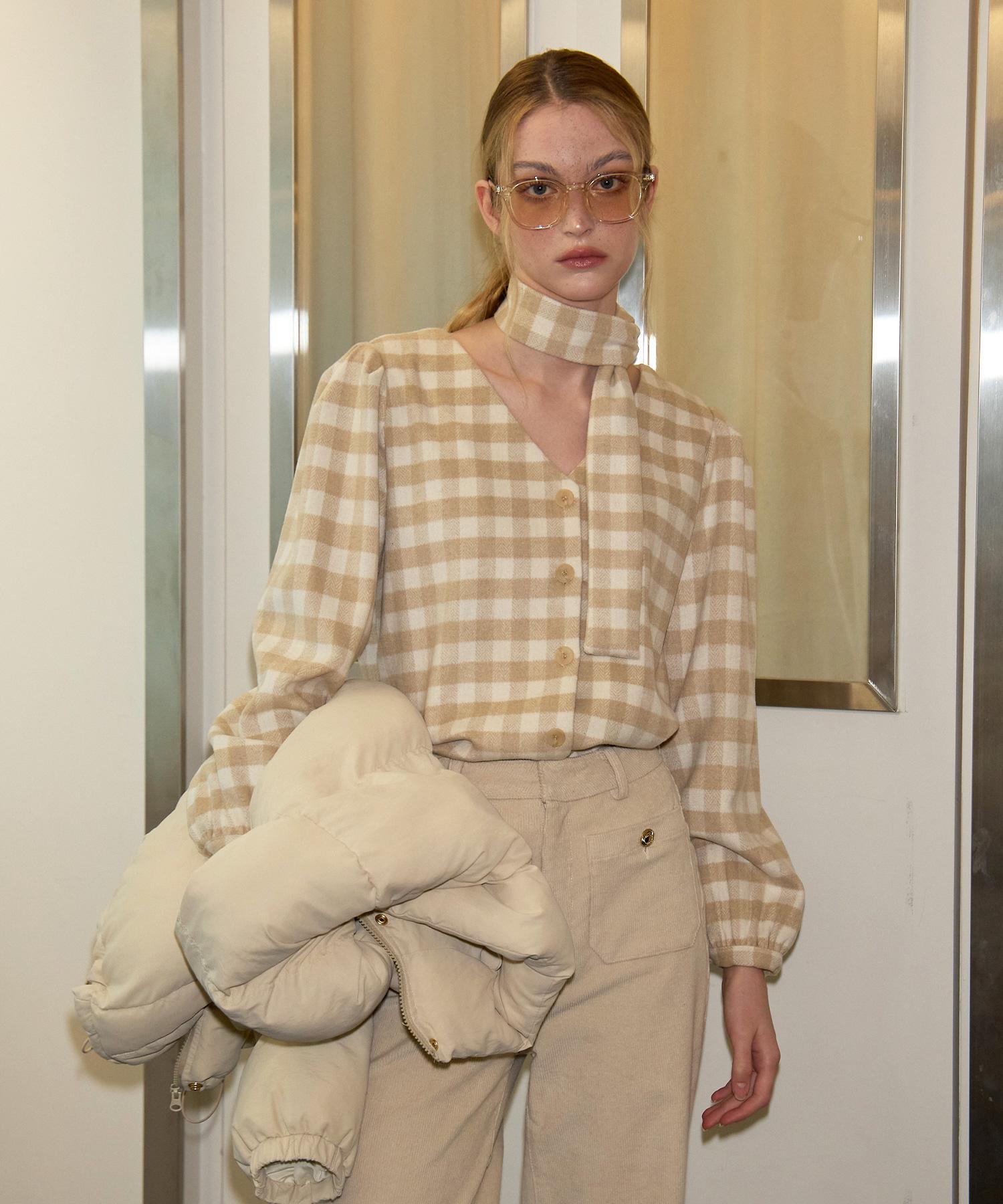 Salon De Yon Scarf Gingham Check Blouse_ Beige