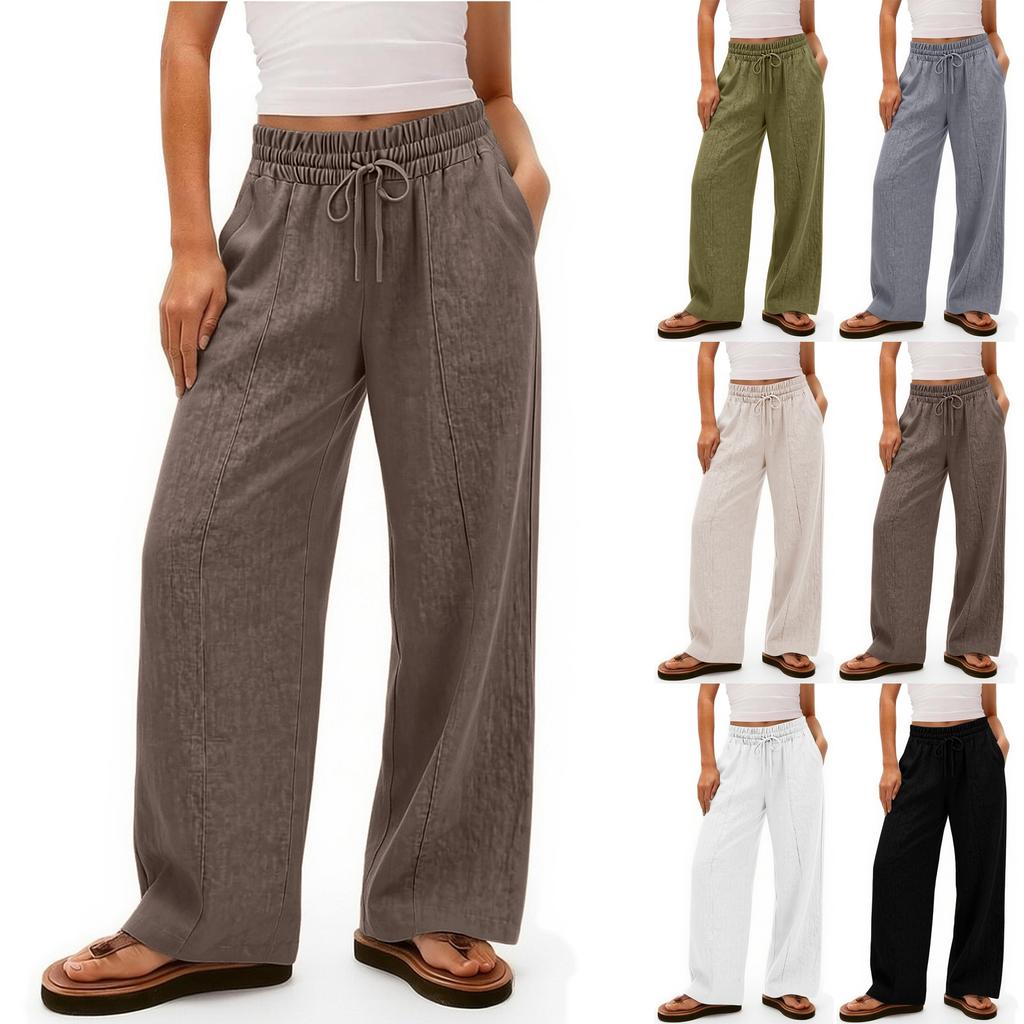 Linen Casual Wide Leg Pants For Women Elastic Waist Versatile Business Casual Work Palazzo Trousers With Pockets