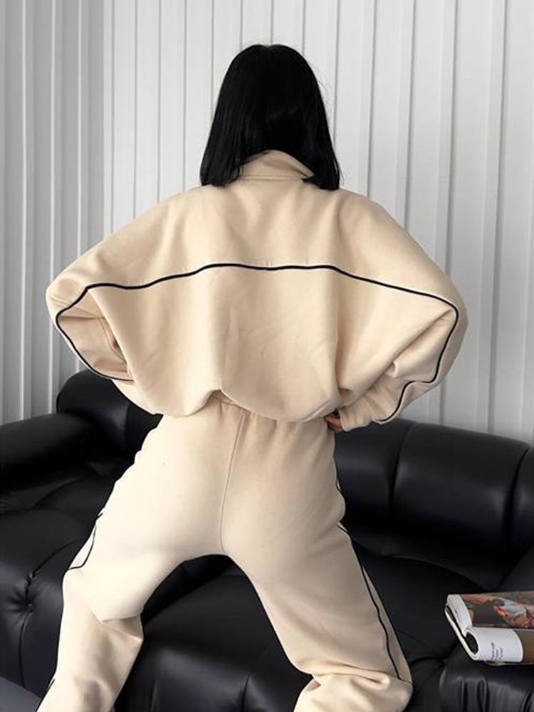 European and American Casual Set with Long Sleeve Cardigan Hoodie and Lace-up Striped Pants