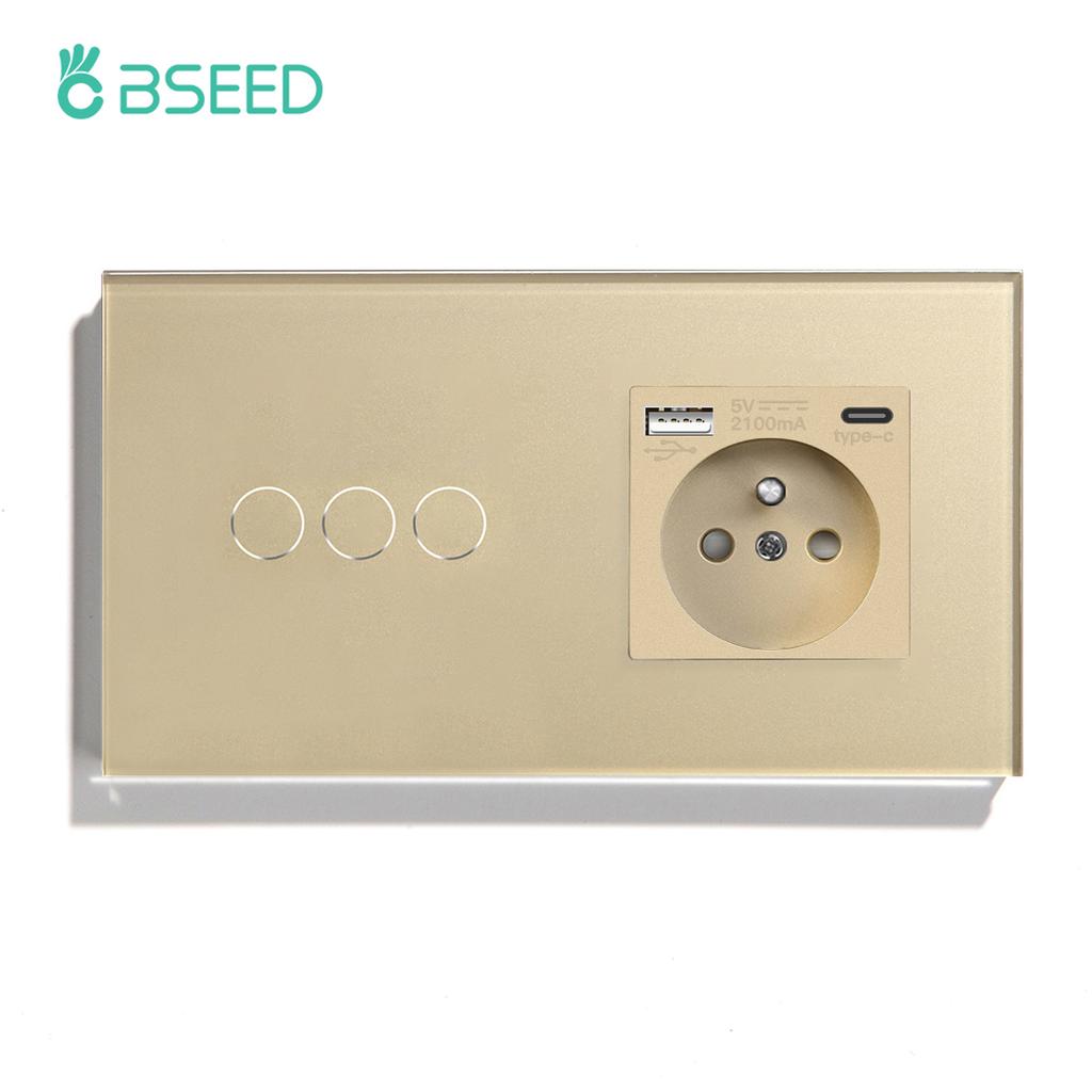 BSEED 1/2/3Gang Touch Light Switches 1Way With French Sockets Type-c USB Wall Power Outlets Glass Panel Blue Backlight Gold