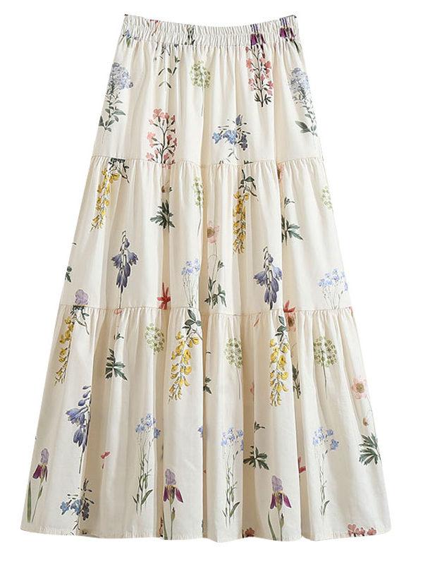DIMANAF 2025 New Summer Spring Women New Skirts Flower Loose Elastic Waist Pleated Elegant Long Skirts