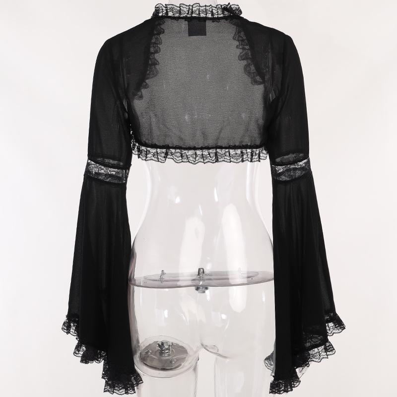 Dark Spring/Summer Lace Bell Sleeve Casual Black Cardigan Top