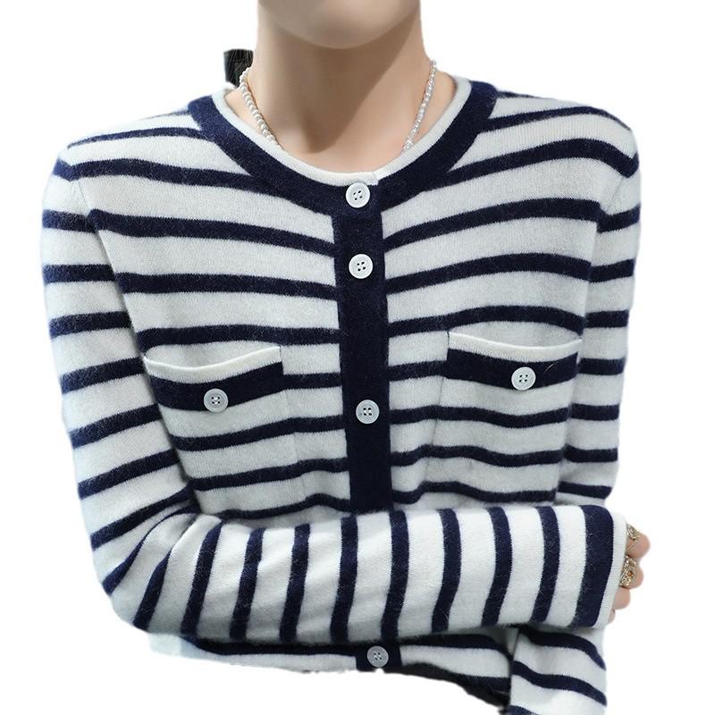 Nanyou Women's Cashmere Striped Round Neck Cardigan - High-End 2024 Early Spring Arrival