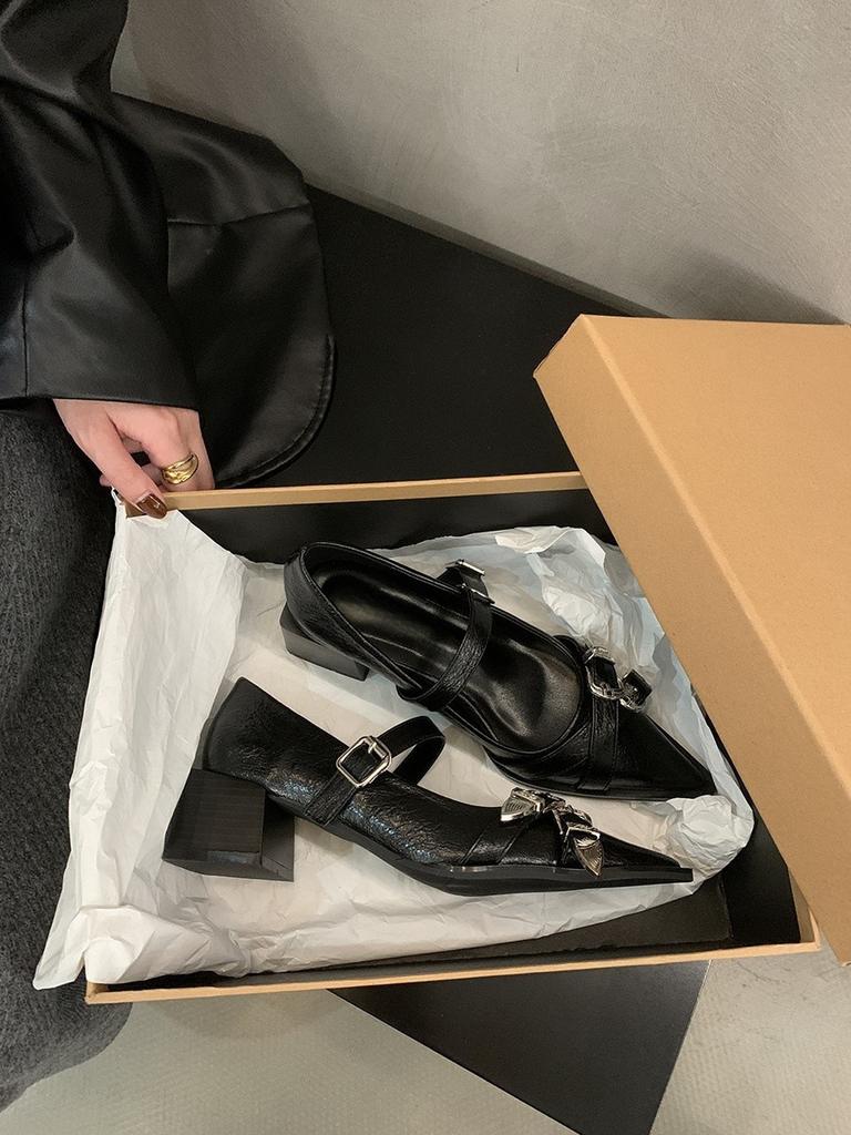 Thick heel retro black pointed single shoes women's shoes 2025 new autumn and winter French Mary Jane evening small leather shoes
