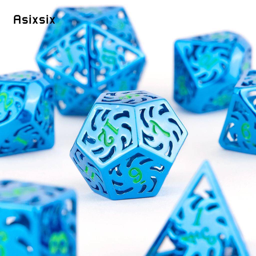 7 Pcs Blue Green Windmill Metal Dice Hollow Metal Polyhedral Dice Set Suitable for Role-Playing RPG  Board Game Card Game