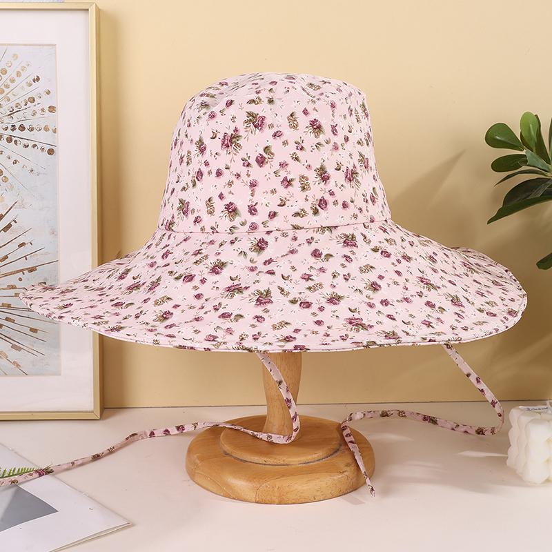 Artistic style full edition small floral large eaves windproof rope fisherman hat suitable for ladies outdoor photos