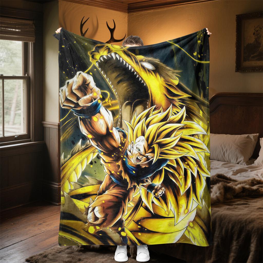 1 szt. Koc flanelowy z nadrukiem Son Goku, Wysokiej jakości, Na wszystkie pory roku, Wystrój domu, Ciepło i komfort, Idealny na prezenty świąteczne