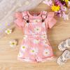 Toddler Girl Short Sleeve Ribbed Top with Ruffle Sleeves and Floral Print Overall Shorts Two-Piece Set for Baby Girls