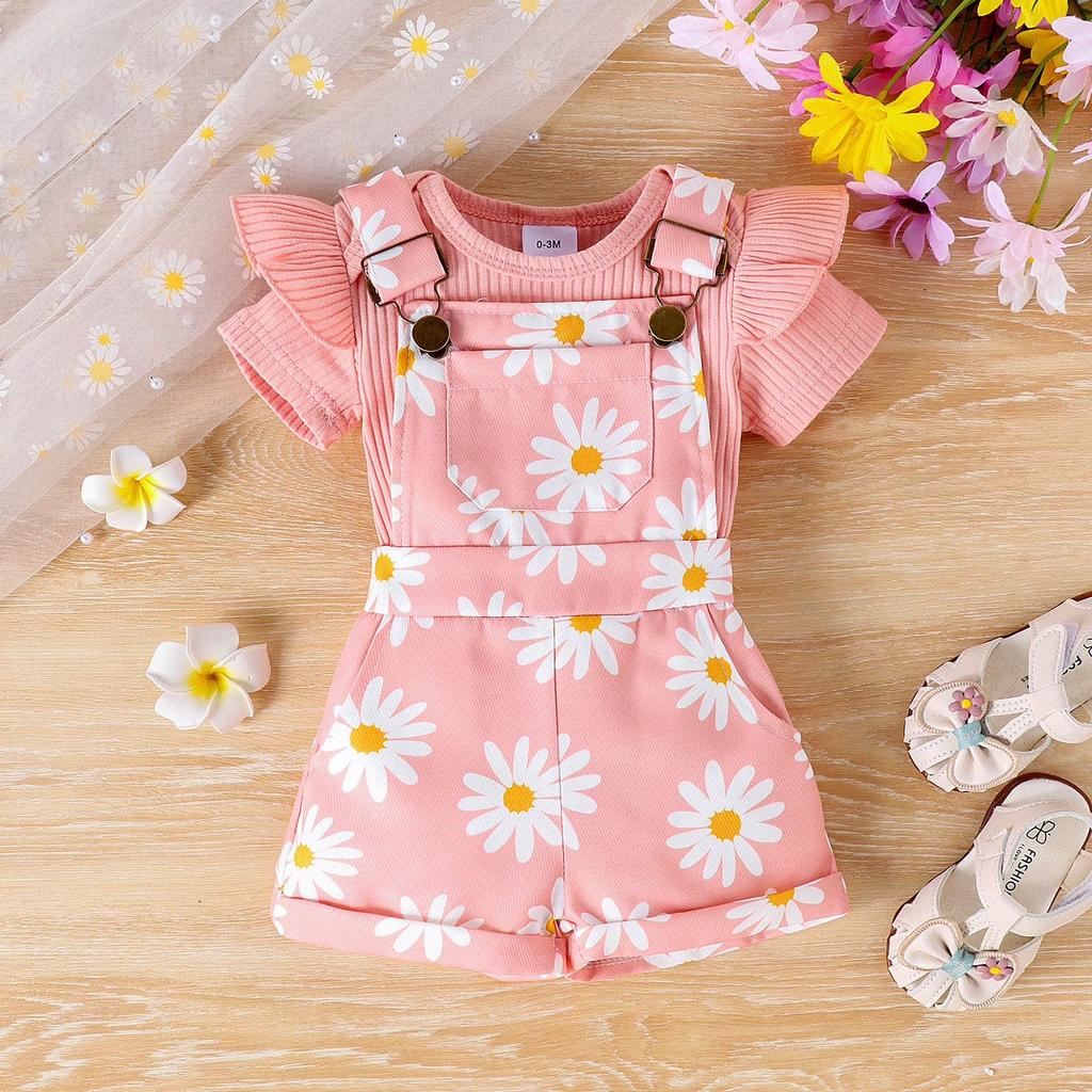 Toddler Girl Short Sleeve Ribbed Top with Ruffle Sleeves and Floral Print Overall Shorts Two-Piece Set for Baby Girls