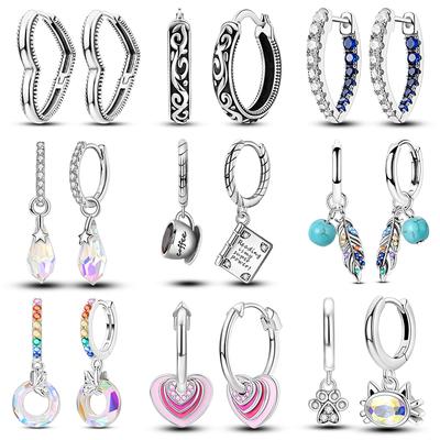 Hot Sale Silver 925 Hoop Earring For Woman Geometry Heart Feather Cat Pendientes Fashion Jewelry