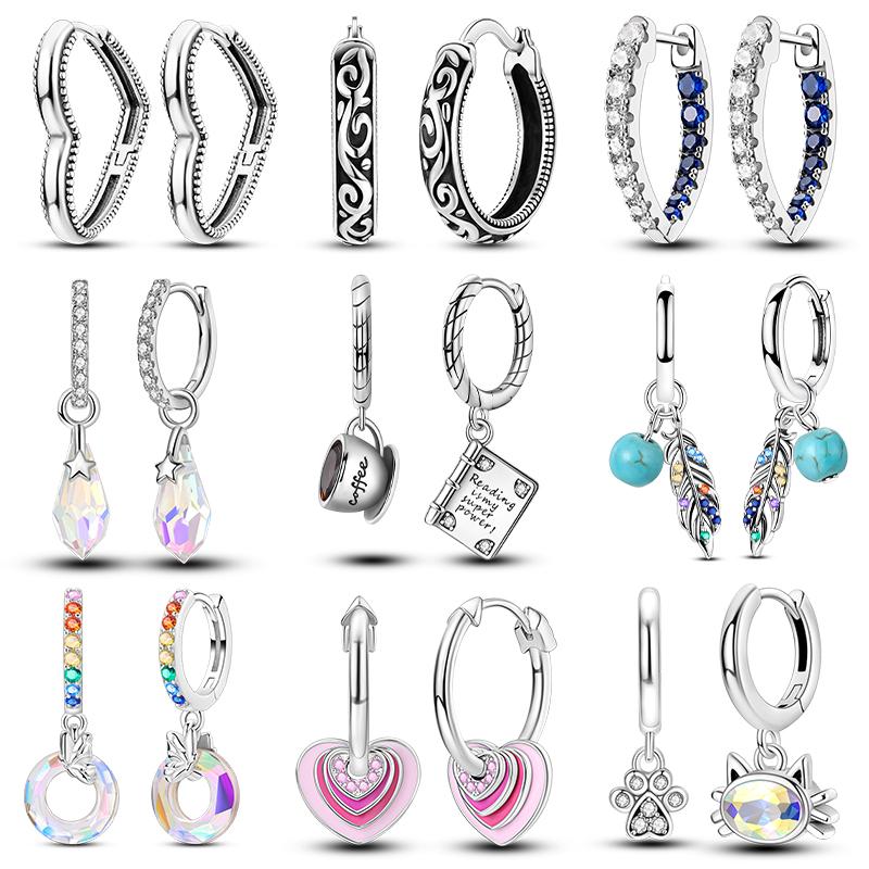 Vendita Calda Orecchino a Cerchio in Argento 925 per Donna Geometria Cuore Piuma Gatto Pendientes Gioielli alla Moda