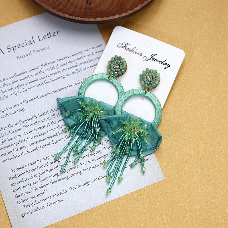Bohemian Crystal Fringed Flower Large Circle Stud Earrings Women's Long Temperament Vacation Earrings Retro Earrings