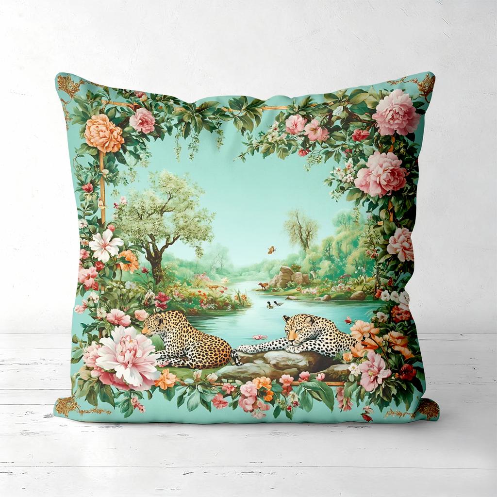 Vintage Floral Leopard Throw Pillow Covers for Home Decor Polyester Sofa Cushion Cov Headboard Pillow (Without Pillow Core