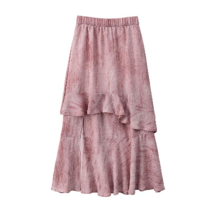 Splicing floral skirt women s summer split ends irregular high waist thin fluttering skirt medium and long hip skirt M розовый