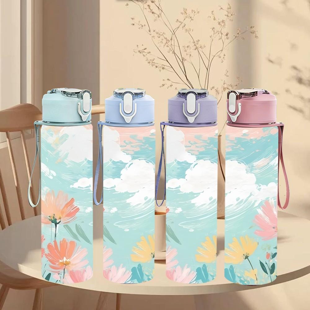 1PC Soft Sky Cloud Pastel Floral Print 750ml Color Plastic Sports Water Bottle Leakproof Flip Straw Lid Suitable for Sports Office Home Use
