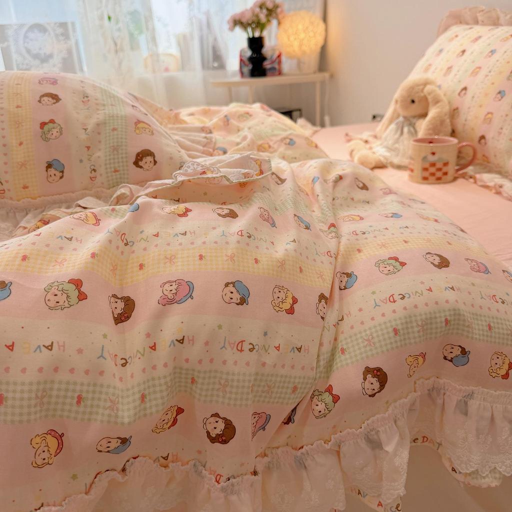 Fairy-Style Ruffle Cotton 4-Piece Set: Girly Heart Floral Duvet Cover with 1.8m Bed Skirt.