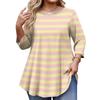 Ladies Stripe Print Plus Size 3/4 Sleeve Rounded Hem Round Neck Fashion Top