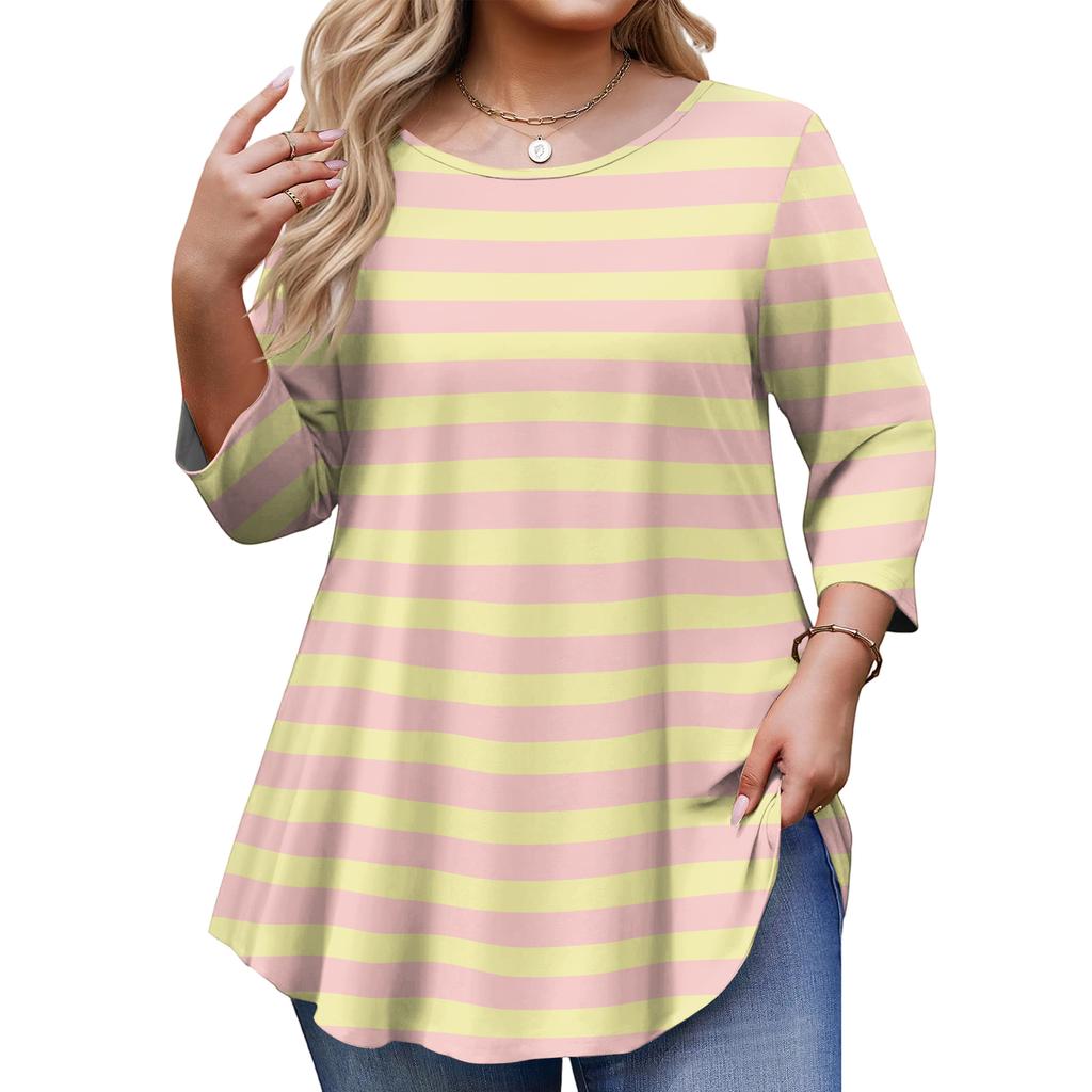 Ladies Stripe Print Plus Size 3/4 Sleeve Rounded Hem Round Neck Fashion Top
