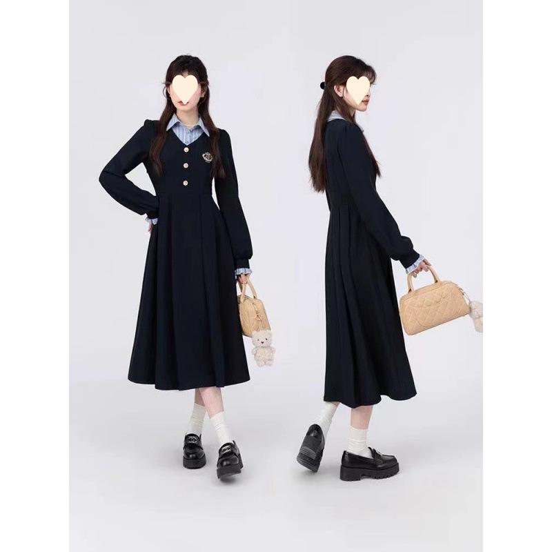 College style splicing fake two-piece dress for women's spring and autumn new high-end waist and thin exquisite long skirt