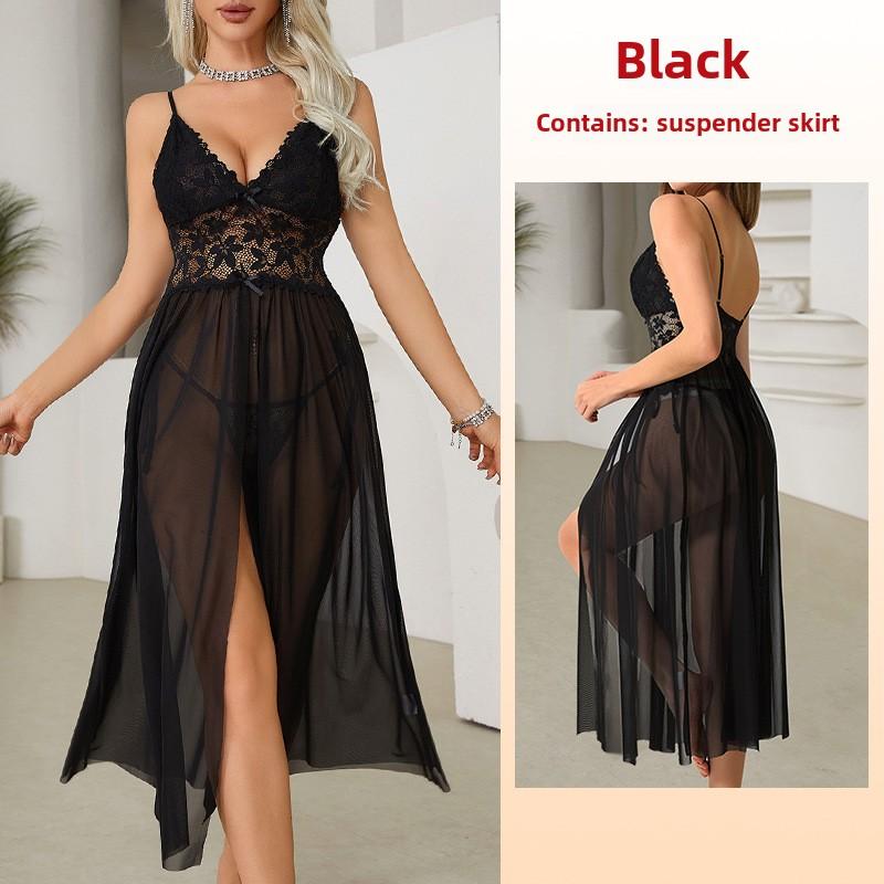Large Size Erotic Underwear Sexy Mesh Lace Pajamas Split Suspender Skirt Long Loungewear Pajamas