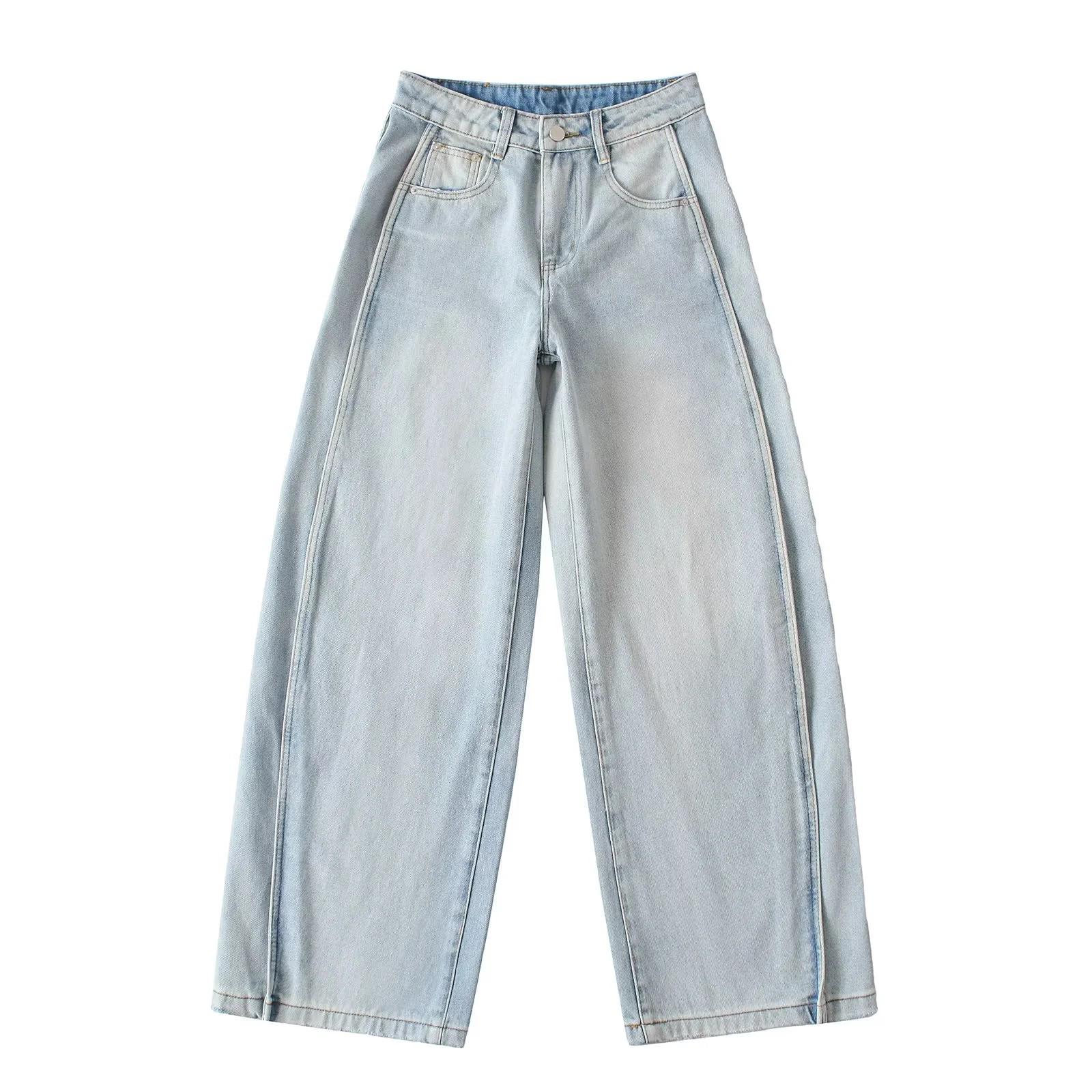 

Американские ретро джинсы-шаровары с завышенной талией, слим, с потертостями, весна/лето 2025, длина в пол, прямой крой. XS светло-синий