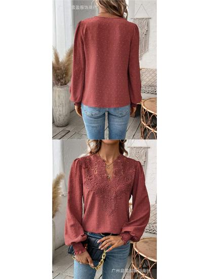 Autumn/Winter V-Neck Lace Long Sleeve Casual Solid Color Women's Top