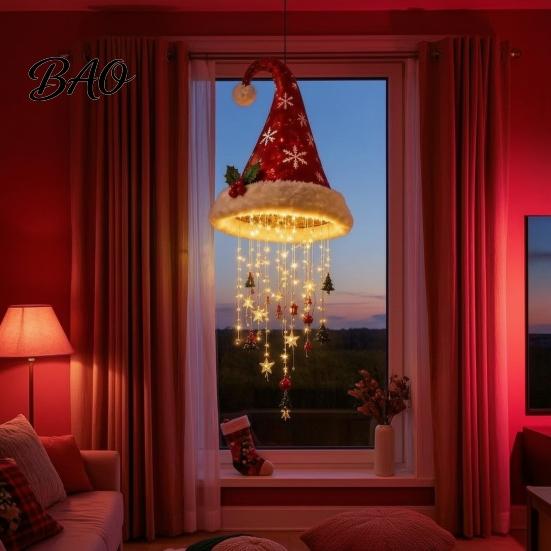 Indoor Christmas Craft Supplies Light?Up Santa Hat Hanging Chandelier DIY Kit, Warm LED String Lights Decorative Ornament Pendant with Star Tassel,