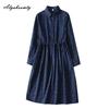 2026 New Arrival Spring Autumn Women Midi Dress Turn-Down Collar Navy Blue Green Print Lace Up Dress Long Sleeve Vintage Elegant Dress