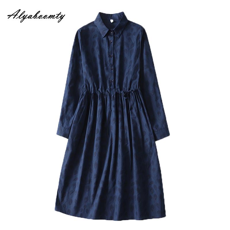 2026 New Arrival Spring Autumn Women Midi Dress Turn-Down Collar Navy Blue Green Print Lace Up Dress Long Sleeve Vintage Elegant Dress