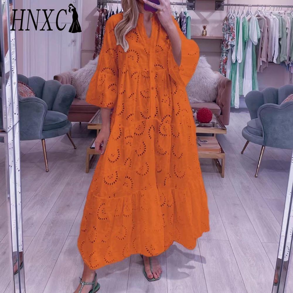 

HNXC 8 цветов S-5XL Женская мода Лето Весна Однотонный принт Рукав 3/4 V-образный вырез Повседневные платья S оранжевый